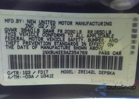 2010 Toyota Corolla S z USA, uszkodzony, nr VIN 1NXBU4EE3AZ354769